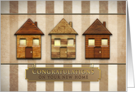 New Home - Congratulations, Wood Houses with Hanging Sign of Conrats card