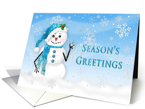 Christmas, Season's Greetings, Blue- Snowman - Snowing card (1506322)