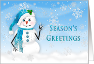 Christmas, Season’s Greetings, Blue- Snowman - Snowing card