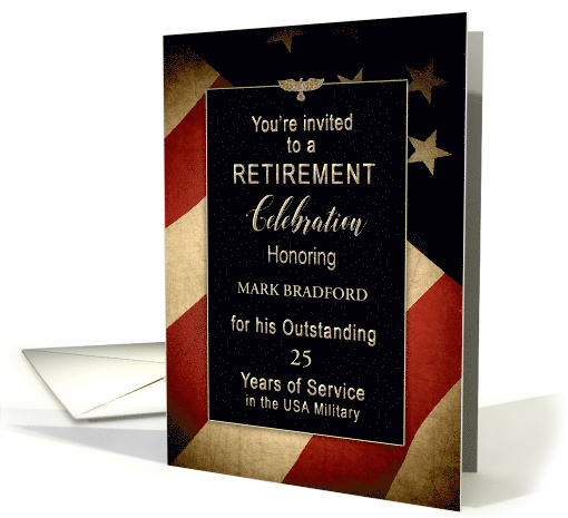 Retirement Military Party Invitation - Insert name/yrs. USA Flag card