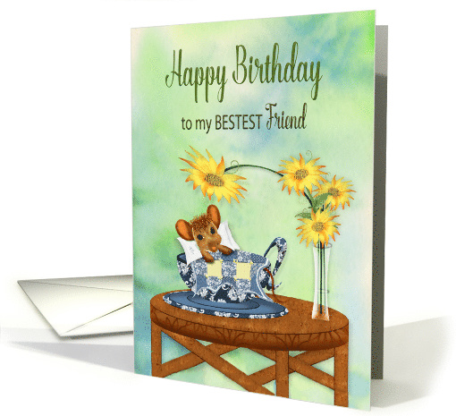 Birthday, Best Friend, Mouse Cuddled with Blanket in Tea Cup card