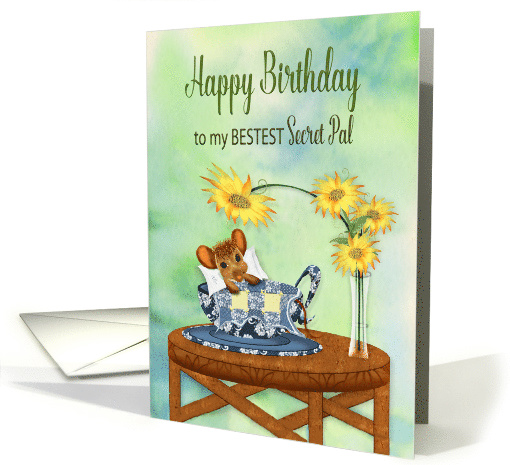 Birthday, Secret Pal, Mouse Cuddled with Blanket in Tea Cup card