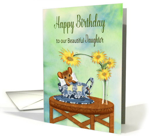 Birthday, Daughter, Mouse Cuddled with Blanket in Tea Cup card
