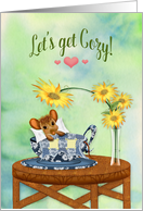 LOVE, Let’s get cozy, Mouse Cuddled with Blanket in Tea Cup, card