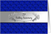 25th Wedding Anniversary - Blue with Silver Ornate design card