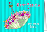 Birthday,Girtfriend, Upside-downUmbrella Decorated with Fresh Flowers card