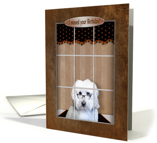 Belated birthday, Golden Doodle looking out Window card (1519166)