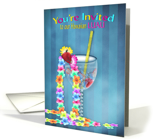 Hawaiian Luau Party Invitation, Colorful Flowers Leis, Wine Glass card