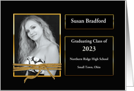 Graduation Party Invitation Black Faux Gold Trim Photo Personalize card