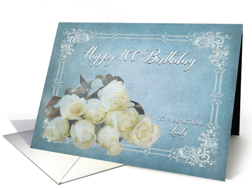 Birthday, 100th, White Dreamy Roses on Blue card (1523076)