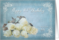 Birthday, 100th, White Dreamy Roses on Blue card