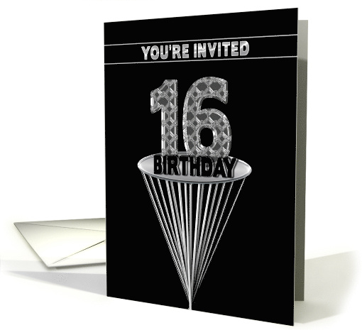 16th Birthday Party Invitation - Abstract Faux Metal on Black card
