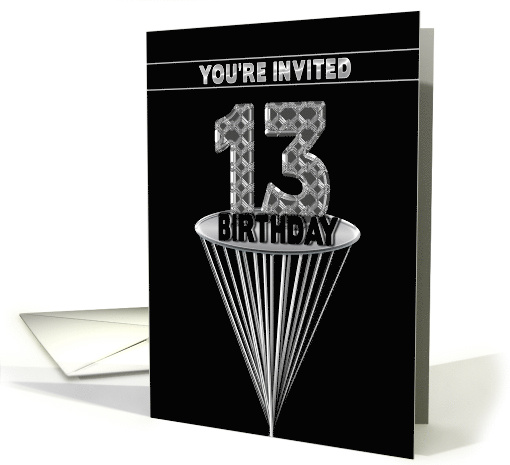 13th Birthday Party Invitation - Abstract Faux Metal on Black card