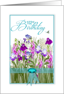 Birthday, 102nd, Garden of Flowers,Tourquoise Ribbon & Faux Jewel card