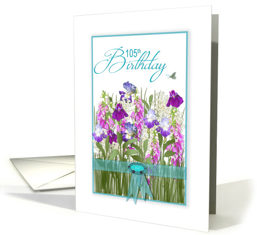 Birthday, 105th, Garden of Flowers,Tourquoise Ribbon & Faux Jewel card
