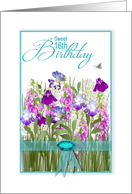 Birthday, 16th, Garden of Flowers,Tourquoise Ribbon & Faux Jewel card