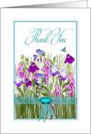 Thank You, Garden of Flowers,Tourquoise Ribbon & Faux Jewel, Blank card