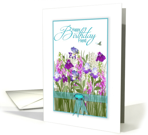 Birthday, Friend, Garden of Flowers, ribbon and faux jewel card