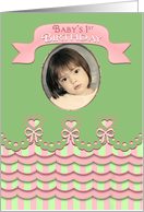 Baby’s 1st Birthday,Female,Photo, Pink, Green, Stripes and Ruffles card