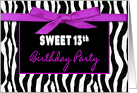 Birthday Party Invitation, 13th, Zebra Print & Purple Ribbon and Bow card
