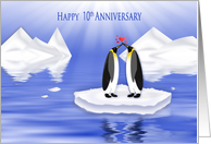 Anniversary, 10th Penquins in Love Floating Ice Chunk in Ocean, Humor card