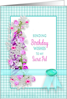 Birthday, Secret Pal, Garden Flowers,Teal Gingham,Gem & Ribbon Effect card