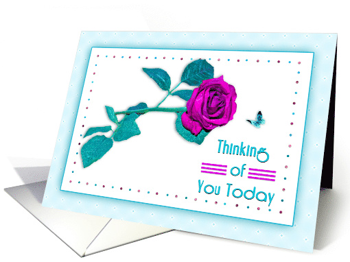 Thinking of You, Purple/Fuchia Rose with Aqua/Teal Leaves, blank card