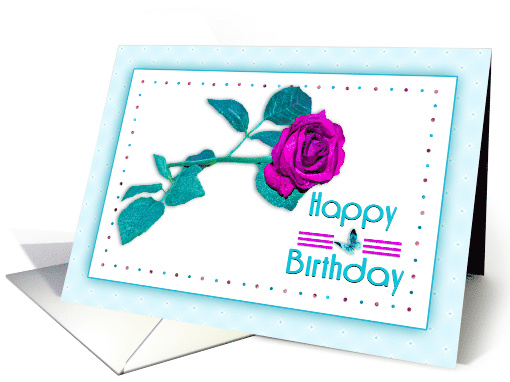 Birthday, Purple/Fuchia Rose with Aqua/Teal Leaves, blank card