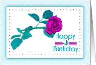 Birthday, Purple/Fuchia Rose with Aqua/Teal Leaves, blank card