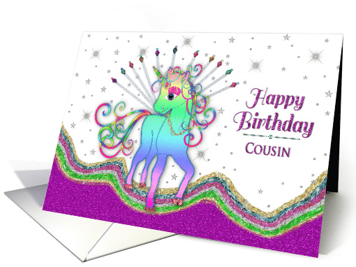 Birthday, Cousin, Unicorn in Rainbow Colors for Children card