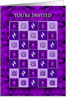 Birthday, Party Invitation,Purple Squares Pattern/Faux Gems card