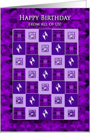 Birthday, From All of Us,Purple Squares Pattern/Faux Gems card