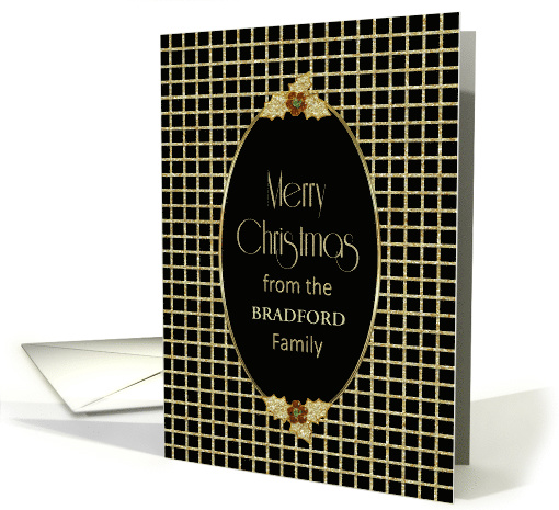 Christmas, Black with Gold Grid and Oval Insert for Family's Name card