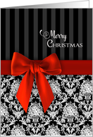 Christmas, Elegant Black/White/Print with Faux Red Ribbon card