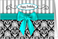 Birthday, Large Faux Aqua Bow/Ribbon, Feminine, Black Floral/Strip card