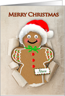 Christmas, Niece, Gingerbread Man in Santa Hat, Paper Bag card