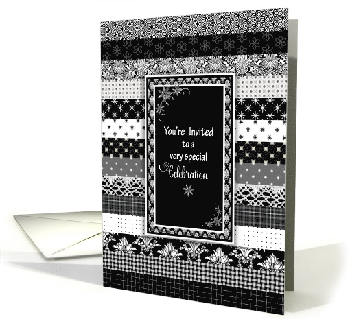Party Invitation, Black, White Layers of Different Patterns card