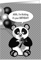 Birthday, Panda Bear on Gray/Polka Dots, Holding Balloons/Present card