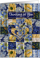 Thinking of You, Quilt Squares, Blue and Yellow Squares, Hearts, Blank card