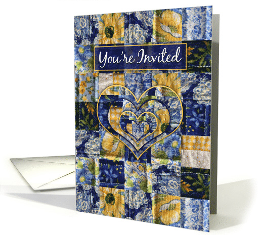 You're Invited, Quilt Squares, Blue and Yellow Squares, Hearts, card