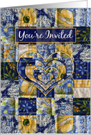 You’re Invited, Quilt Squares, Blue and Yellow Squares, Hearts, card