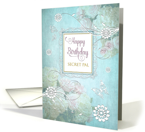 Birthday, Secret Pal, Elegance/Flowers/Butterflies, Aqua Blue card