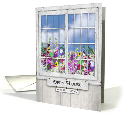 Open House Party Invitation, Old Window, Flowers in Window Box card