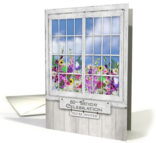 60th Birthday Party Invitation, Old Window, Flowers in Window Box card