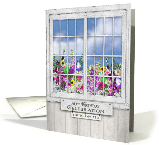 50th Birthday Party Invitation, Old Window, Flowers in Window Box card