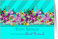 Birthday,friend,Fresh Country Garden Flowers, Aqua Blue Stripes card