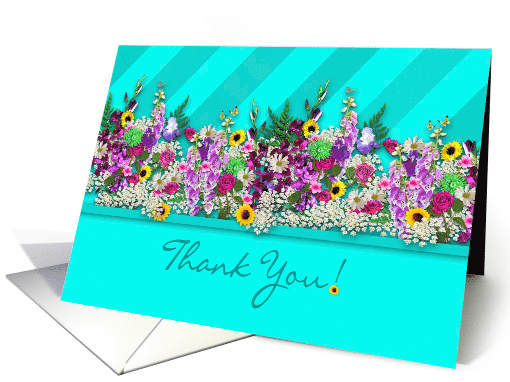 Thank You, Fresh Country Garden Flowers, Aqua Blue Stripes card
