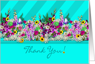 Thank You, Fresh Country Garden Flowers, Aqua Blue Stripes card