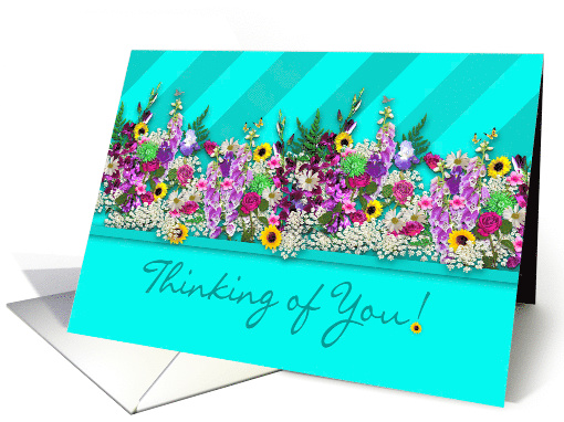 Thinking of You, Fresh Country Garden Flowers, Aqua Blue Stripes card