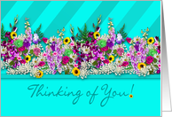 Thinking of You, Fresh Country Garden Flowers, Aqua Blue Stripes card